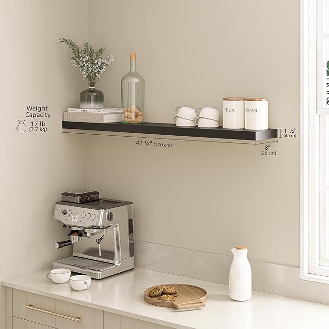 Ballucci Floating Shelf, 48" Wood Wall Shelf with Invisible Brackets for Bathroom, Living Room, Bedroom, Kitchen, Nursery, 8" Deep, Black
