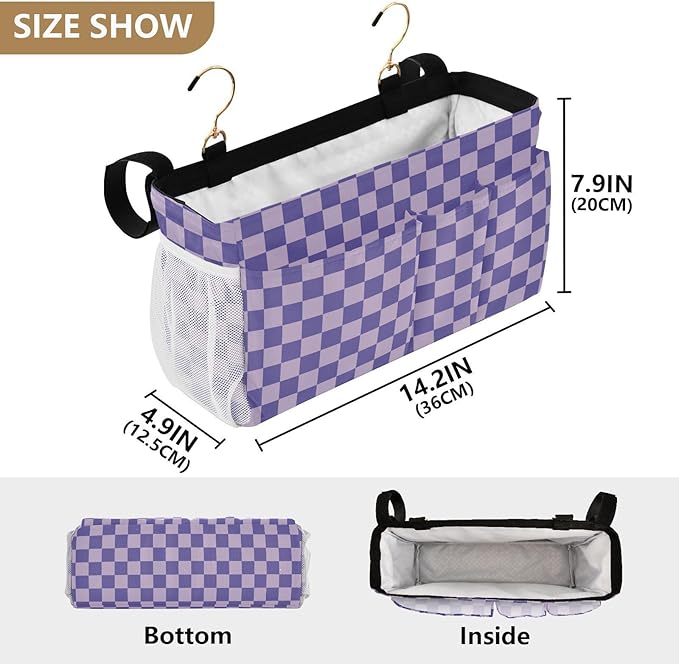 Purple Checkerboard Print Bedside Caddy Storage Bag Bedside Organizer for Bunk Bed Headboards College Organizer Caddy Hanging Shelf 6 Pockets with Hooks for Drinks Magazine Phone Holder