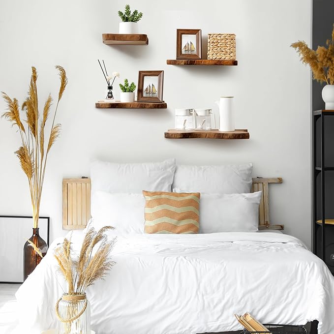 Pinkunn 4 Pcs Floating Shelves for Wall Wooden Live Edge Shelf Wall-Mounted Natural Solid Wood Bedroom Kitchen Storage Living Room Nursery Decor (23.6/15.8/7.9 Inch)