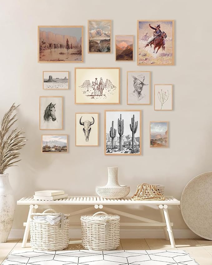 KBKBART Vintage Western Wall Art Prints, Farmhouse Western Cowboy Canvas Pictures, Southwestern Boho Ranch Desert Wall Decor Aesthetic for Bedroom, Bathroom Decor, Southwest Prints for Home (Unframed- Set of 13)