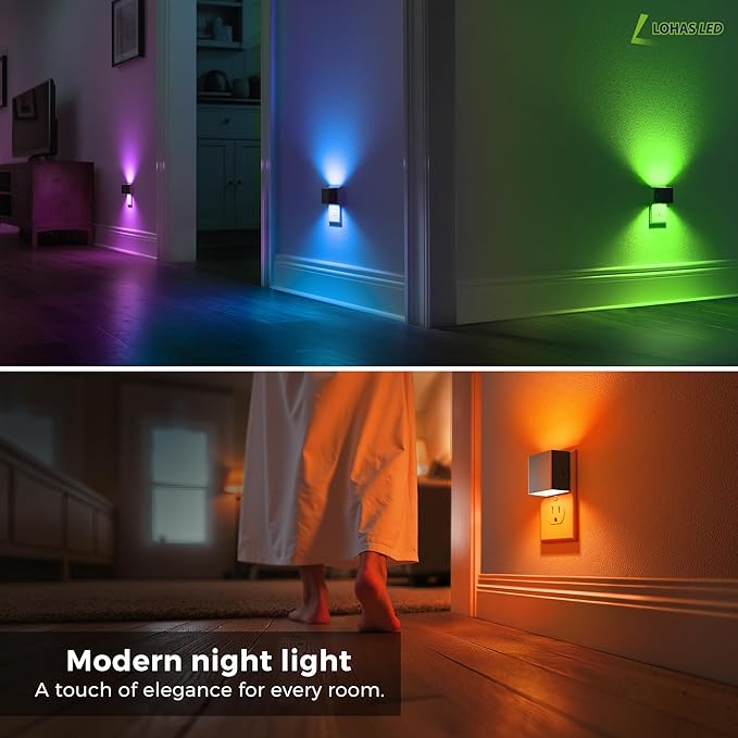 L LOHAS LED Night Lights Plug into Wall,[2-Pack] Plug in Night Light with Dusk to Dawn Sensor,Brightness Adjustable,RGB Color Changing,Dimmable Nightlight for Adults Bathroom Hallway Kitchen