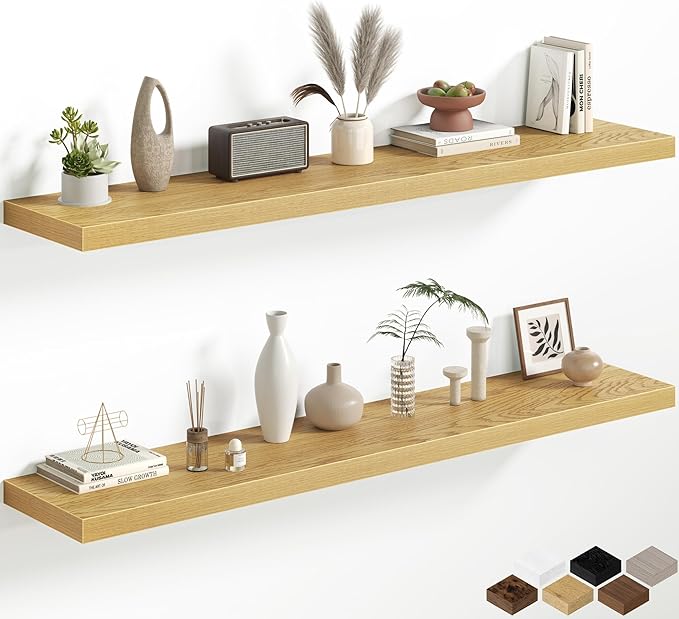 12 Inch Deep Floating Shelves, 60W x 12D Floating Shelf for Books, Rustic Wood Deep Wall Shelves for Home Storage & Display, 1.5" Thicked Shelves for Kitchen, Living Room, Bedroom, Oak, 2 Pack