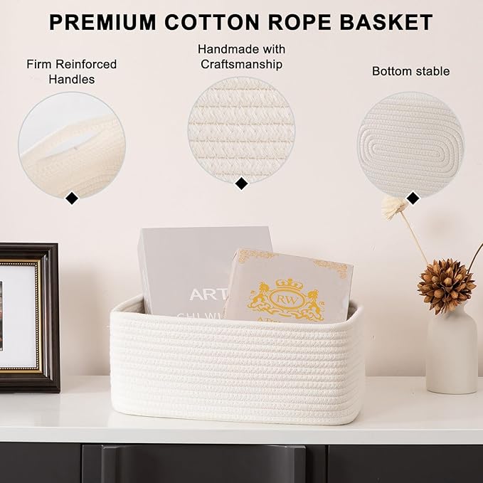 OIASKET 4 Pack Small Storage Shelf Baskets for Organizing, Mini Woven Rope Storage Bins for Towels, Cute Decorative Closet Organizer，Baby Nursery, Gift Empty Baskets -13''Lx8.66''Wx5.11''H-White