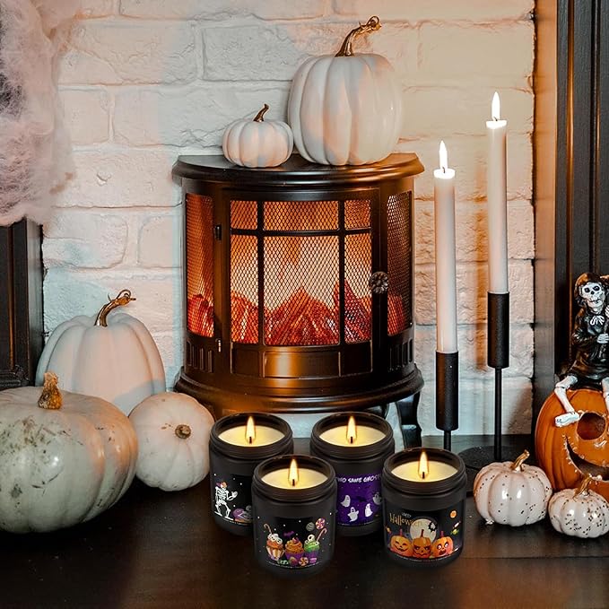 4 Pack Black Halloween Scented Candles -7oz Soy Wax Candles with Essential Oils (Rosemary, Vanilla, Gardenia, Lavender)