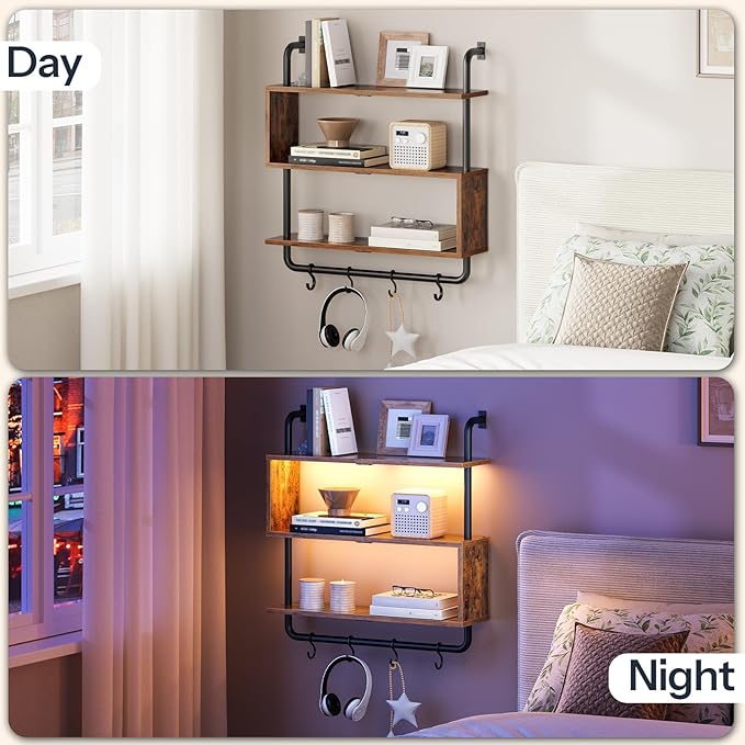 HOOBRO Floating Shelves with LED Lights, 29.5" LED Wall Mounted Gaming Shelf, 3-Tier Pipe Display Rack with Hanging Rod and 4 S-Hooks, for Storage Livingroom, Bedroom, Rustic Brown and Black BF21DBJ01