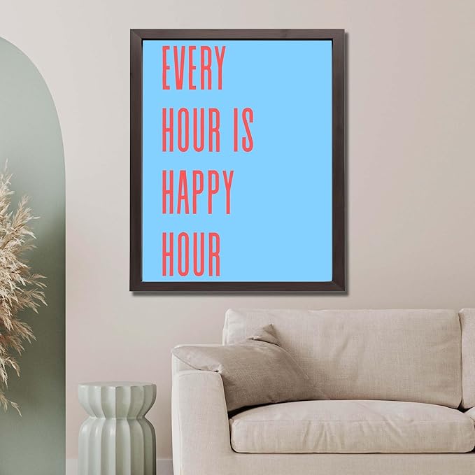 InkFlow Posters Every Hour Happy Hour Poster - Modern Typography Quote Art - Blue Red Minimal Design - Kitchen Bar Wall Decor Accent - Contemporary Home Print - 24x32 Unframed Canvas Print