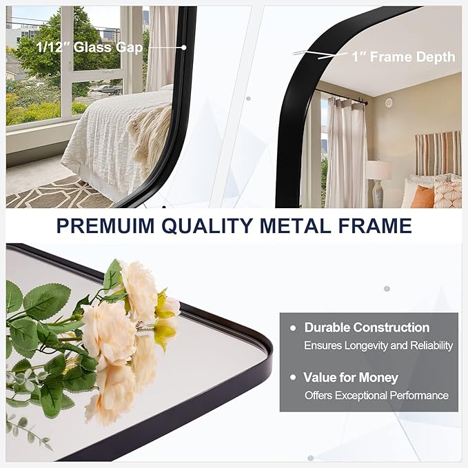 ANDY STAR Black Oval Mirrors for Bathroom, Large 24x36’’ Matte Black Metal Framed Oblong Wall Mirror, Modern Black Vanity Mirror in Stainless Steel Frame Wall Mount Horizontal or Vertical