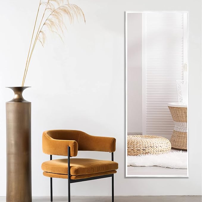 NeuType Full Length Mirror, 55"x16" Full Body Mirror with Stand Floor Mirror Full Length Standing Mirror Wall-Mounted Mirror Hanging or Leaning Against Wall Aluminum Alloy Thin Frame (White)