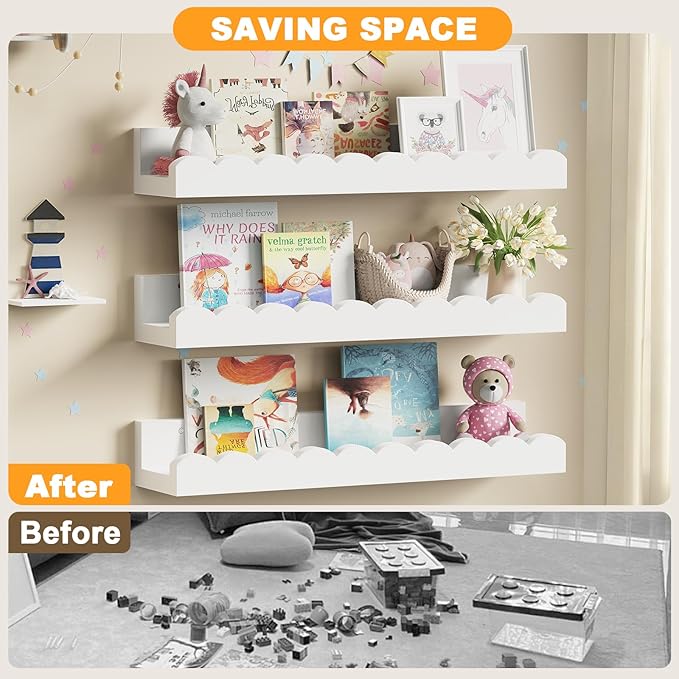 Yirilan 3-Pack Scalloped Shelves, Nursery Shelves for Wall, Floating Nursery Book Shelves for Kids, White