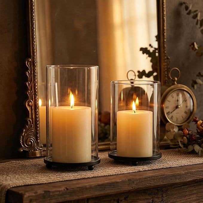 Hurricane Candle Holders Set of 2 - Pillar Candle Stands with Glass Sleeves for Fireplace Mantel & Dining Table Centerpiece Decor (Black)