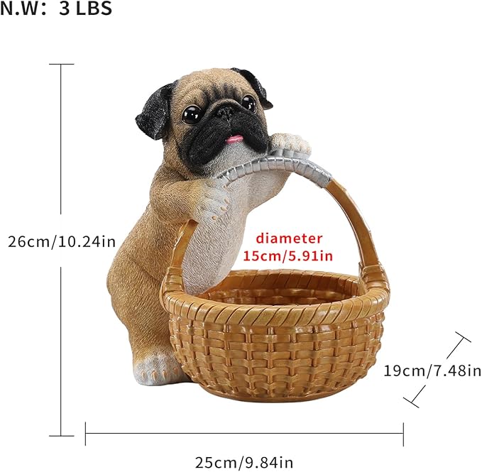 Dog Resin Storage Basket, Desktop Organizer for Remote & Keys, Cute Home Decor Tray, Ideal present for Pet Lovers.(Gray Pug)