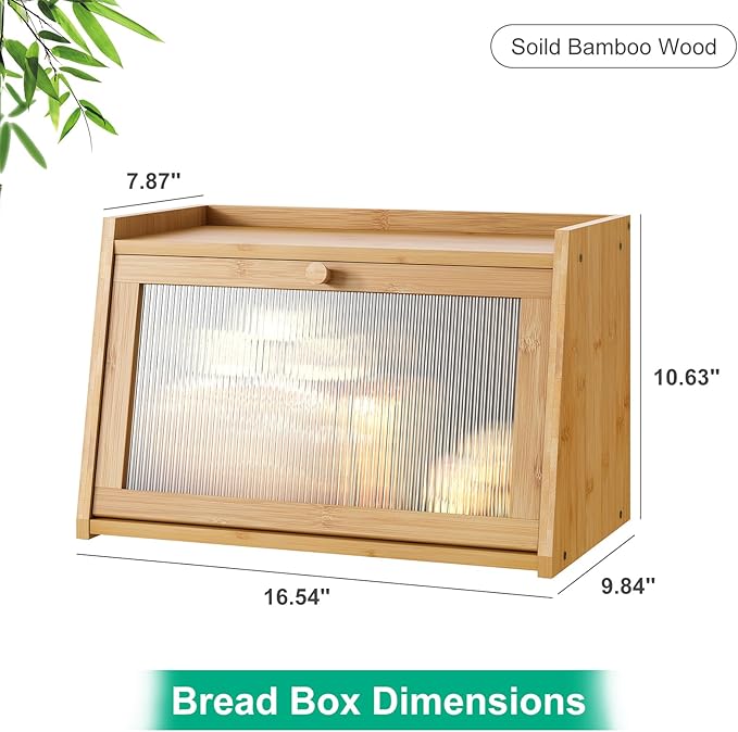 kiplant Bread Box for Kitchen Counter, Large Bamboo Bread Storage Container with Wavy Arcylic Door, Bamboo Wooden Farmhouse Bread Box for Your House (Natural, Medium)