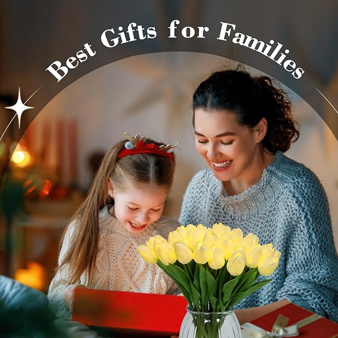 HOMESEASONS Pre-Lit 20pcs LED Lighted Fake Flowers Artificial Tulips Real Touch Tulip Bouquet 15" Faux Tulips for Easter Decor Spring Decor Mother's Day Home Kitchen Wedding Decorations(Cream)