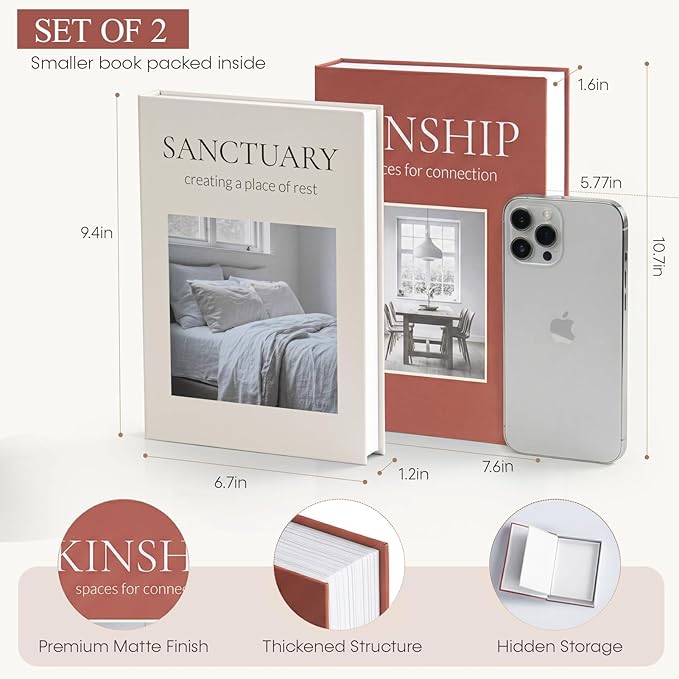 Decorative Book Boxes for Coffee Table Decor (Set of 2) - Faux Books with Hidden Storage - Modern Farmhouse Entryway & Shelf Styling Accents - Sanctuary & Kinship (Terracotta Rust & Beige)