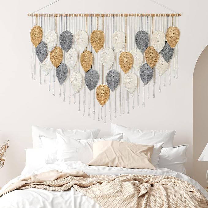 KHOYIME Large Macrame Wall Hanging Boho Woven Tapestry, Chic Modern Home Decor Bohemian Farmhouse Handmade Leaf Feather Wall Art Decorations for Living Room Bedroom Nursery Dorm Backdrop 51.5"W X 33.5"L