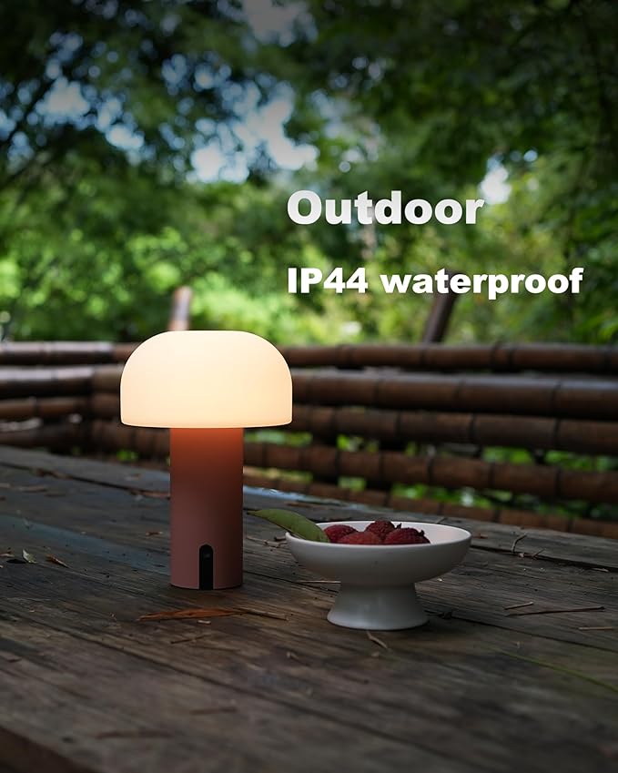Outdoor Mushroom Table Lamp Rechargeable, Cordless Lamps for Patio Waterproof, Portable Battery Operated Lamp with USB Charging, Touch Dimming Night Light for Home/Porch/Restaurant (Pink)