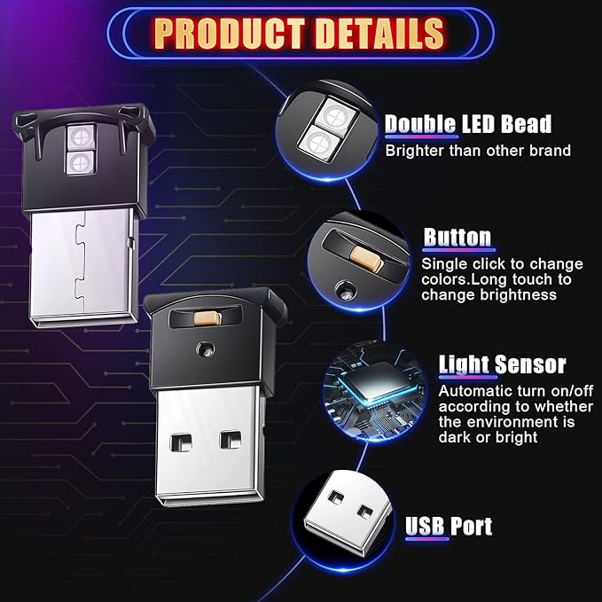 Frienda 8 Pieces Mini USB LED Light, Car LED Interior Lighting 5v Smart USB Atmosphere Light, Laptop Keyboard Office Decoration Night Lamp, Adjustable Brightness, 8 Colors