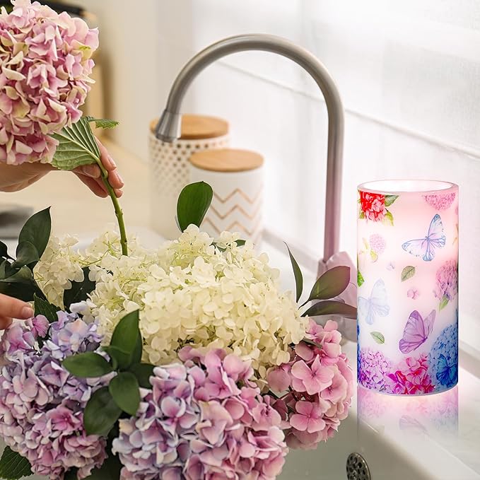 ROCEEI 3 Pcs Spring Flameless Candles Hydrangea Decoration Butterfly LED Candles with Remote Timer Battery Operated Flickering Floral Candle Real Wax Table Centerpiece for Home Easter Wedding Decor