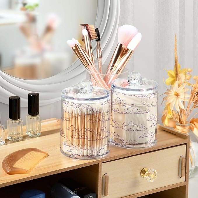 2 Pack Apothecary Jars Watercolore Purple Cloud Shape Bathroom Vanity Storage Organizer Set,Small Clear Plastic Storage Jars Bathroom Canister for Cotton Swabs, Rounds, Balls, Qtips,Makeup Spon
