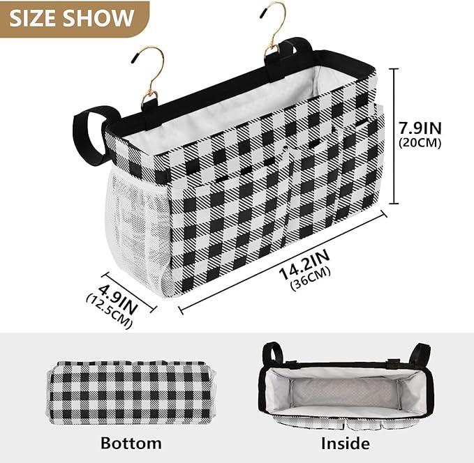 Buffalo Plaid Check Black Print Bedside Caddy Storage Bag Bedside Organizer for Bunk Bed Headboards College Organizer Caddy Hanging Shelf 6 Pockets with Hooks for Drinks Magazine Phone Holder