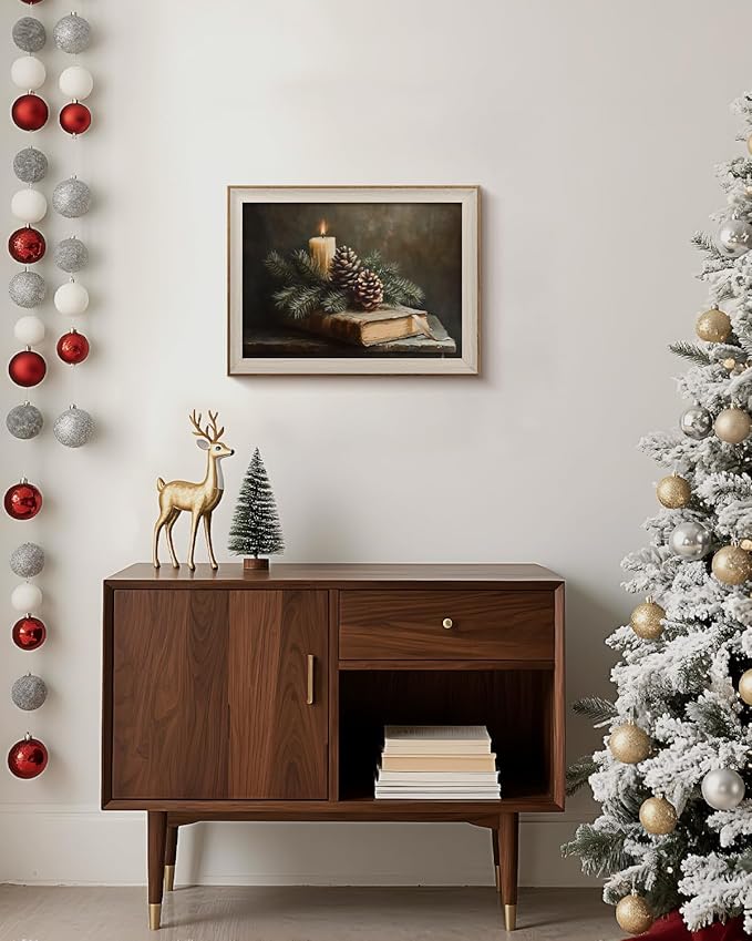 VIYYIEA Winter Framed Wall Art for Living Room, Books and Pinecones Canvas Prints, Oil Painting Home Decor, Christmas Picture, Bathroom Wall Decor Gifts for Friends or Family - 16L x 12W