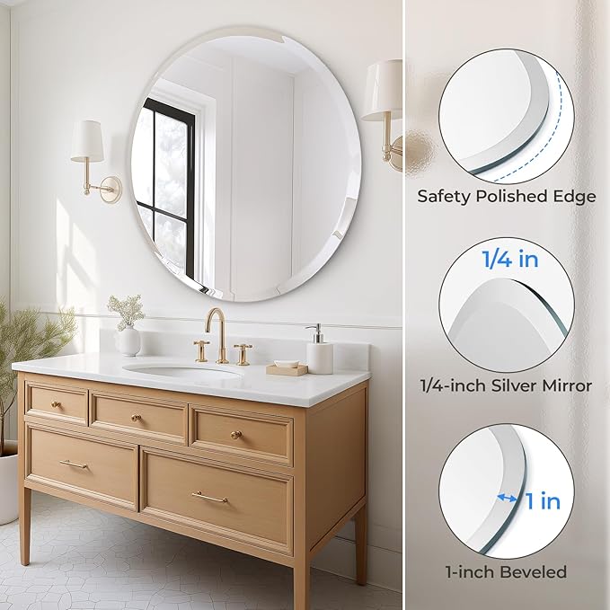 USHOWER 36" Round Frameless Wall Mirror with Beveled Edge - Circle Mirror for Bathroom & Vanity, Elegant & Simple Look