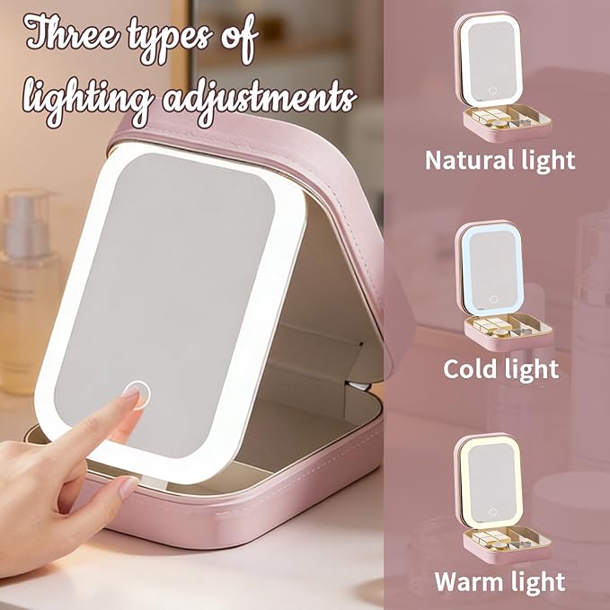 Personalized Travel Jewelry Case with LED Mirror, Custom Jewelry Box with Birth Flower & Name, Customized Leather Makeup bag, Portable Organizer Box Gifts for Women, Mother, Daughter