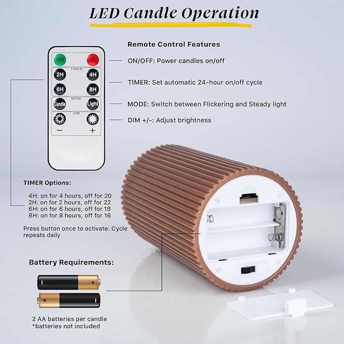 Fluted Ribbed LED Pillar Candles, Brown, with Reflective Melted-Wax Effect – Flickering Flame, Remote, Dimmable, Flameless, Battery Operated, Home & Wedding Decor (Set of 3)