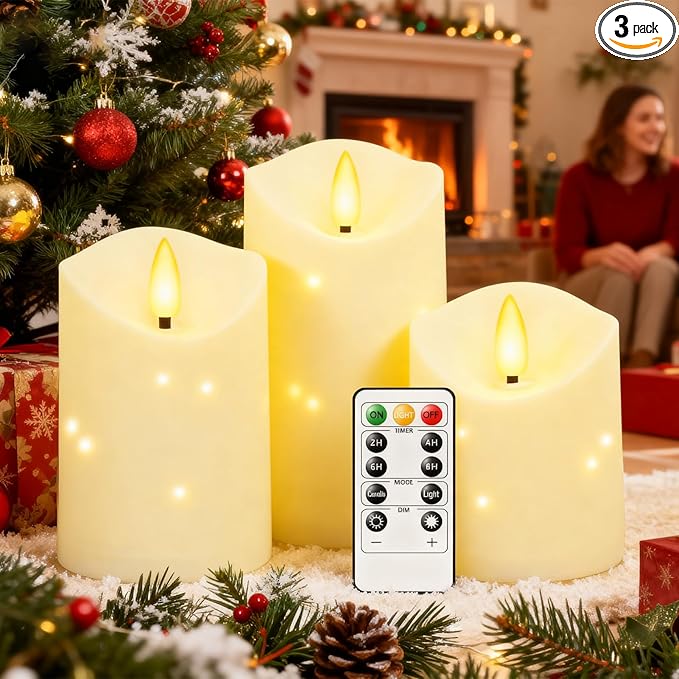 uuffoo Flameless Candles with Timer 3Pc Battery Operated Flickering Pillar Candle w/Remote, 3D Wick Acrylic LED Pillar Candles for Halloween Christmas Home Decoration (Ivory)