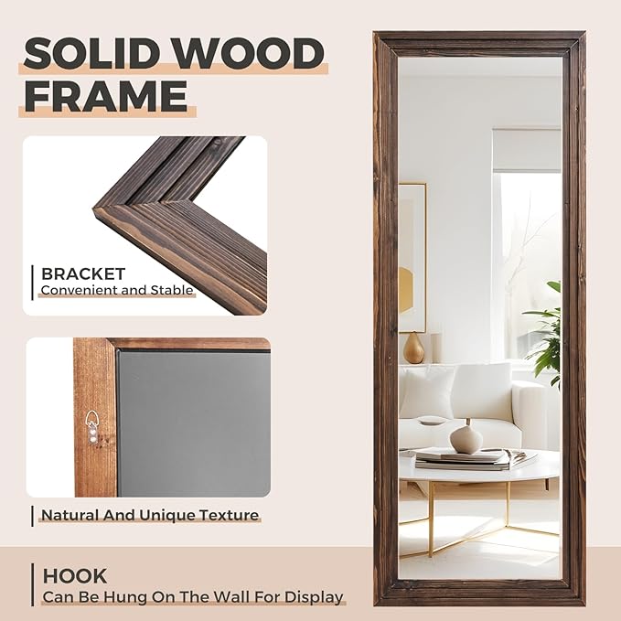 65"x24" Full Length Mirror Solid Wood Frame Floor Mirror for Living Room, Bedroom Hanging or Leaning, Brown