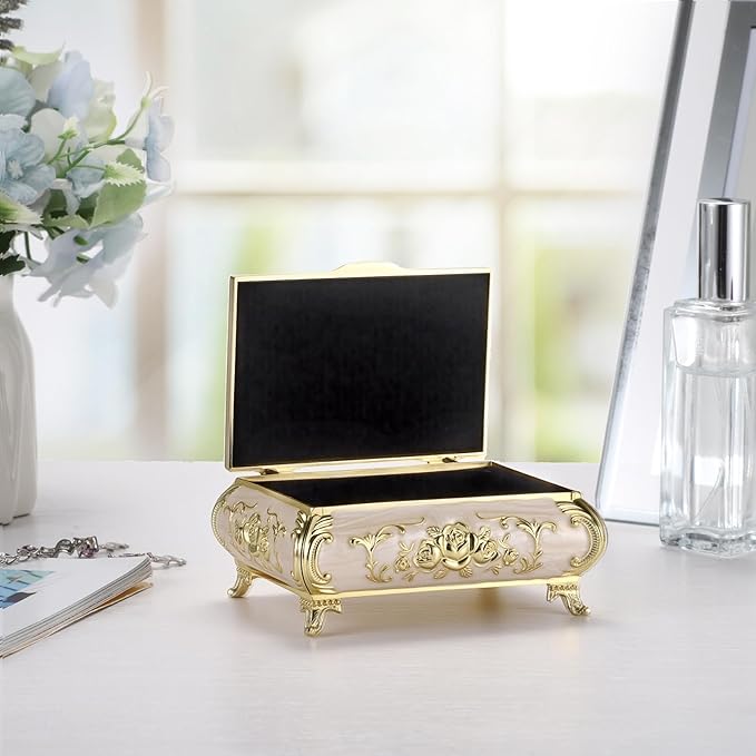 Hipiwe Vintage Jewelry Box Metal Trinket Chest Treasure Display Case for Rings Earrings Organizer Rectangular Decorative Keepsake Storage Box, Small