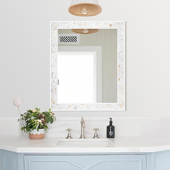 Tanmicoshomy 30 x 36 Inch White Rectangle Wall Mirror, Natural Shell Framed Rectangular Mirrors for Bathroom Bedroom, Living Room, Entryway, Wall Mounted Horizontal or Vertical