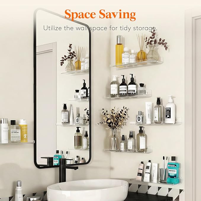 Lifewit Floating Shelves for Bathroom, Acrylic Wall Organizer for Perfume, Makeup, Figures, Nail Polish, Photo, Book, 14" Decor Display Rack for Nursery, Living Room, Bedroom, Kitchen, Clear, 4 Pack