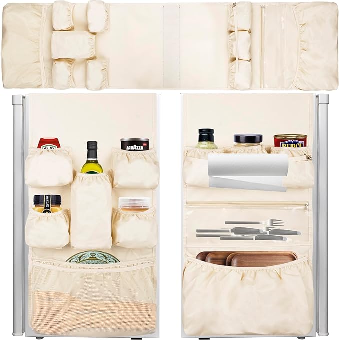 ChezMax Mini Fridge Organizer Dorm Essentials - Over the Fridge Caddy Organizer, Dorm Room Storage, Mini Refrigerator Dust Cover Top with 12 Extra Large Fabric Pockets for Office Kitchen Home, White