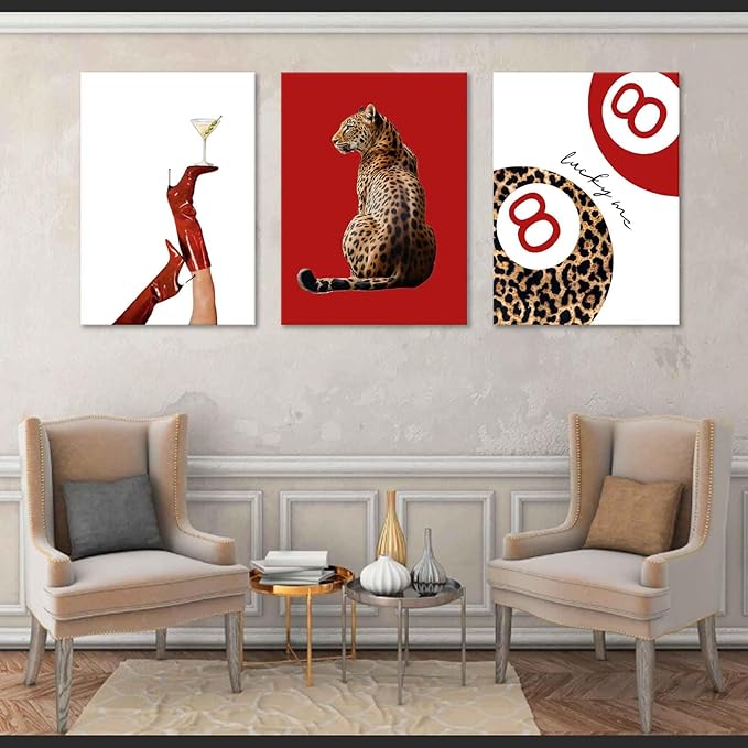 3Pcs Trendy Leopard Wall Art Preppy Funky Red Boot Martini 8 Ball Wall Decor Pictures Vintage Feminism Aesthetic Cheetah Canvas Poster Prints for Girly Bedroom Apartment Dorm Decoration 12X16
