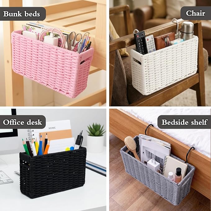 Cotton Rope Woven Bedside Caddy for Dorm Bed, Foldable Bedside Shelf Bunk Bed Accessories, College Dorm Room Essentials Hanging Organizers Storage Basket, Room Decor Magazine File Holder (Pink)