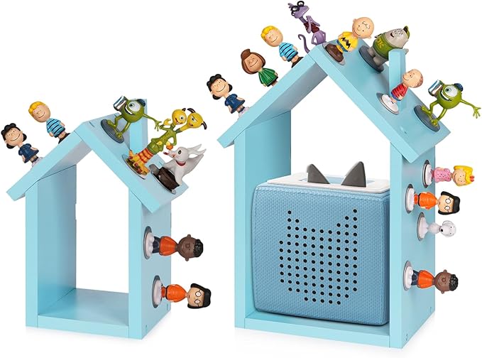 for Tonies Shelf Magnetic - for Tonies Figure Organizer Kids Room, Wooden Display Shelf for Tonies Box Holder, Wall Floating Shelves Toy Storage, House Shape Set of 2 with 38Pcs Adhesive Metal (Blue)