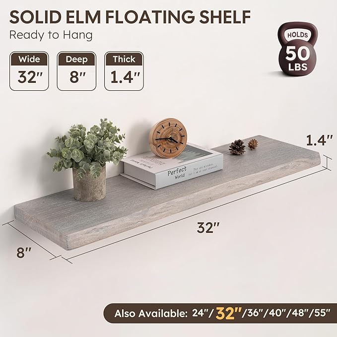 Live Edge Floating Shelves Set of 2, 32 Inch Solid Elm Wood Wall Shelves - Invisible Bracket Mount for Living Room, Bedroom, Kitchen, Bathroom | Weathered Gray