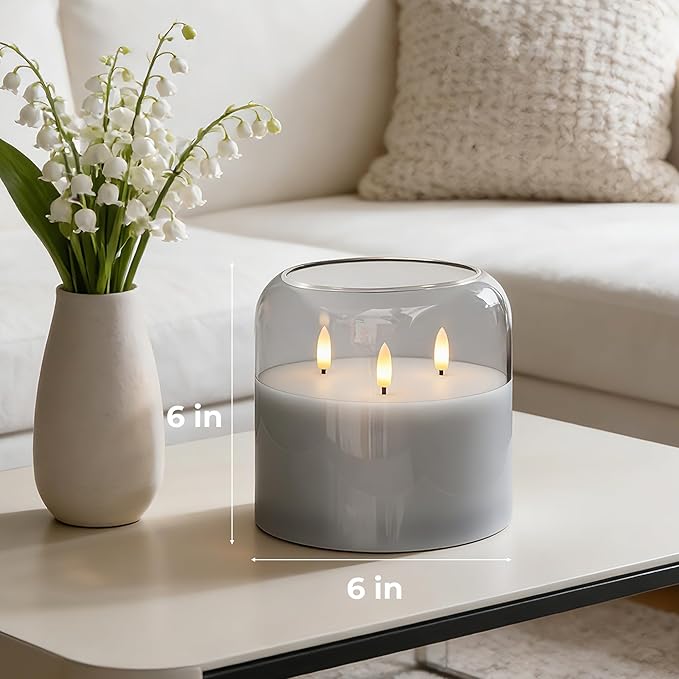 3 Wick Glass Flameless Candle with Remote and Timer, 6"x6" Extra Large Real Wax LED Pillar Candle Battery Operated with 3D Flickering Flame for Festival Wedding Home Party Decor (Gray)