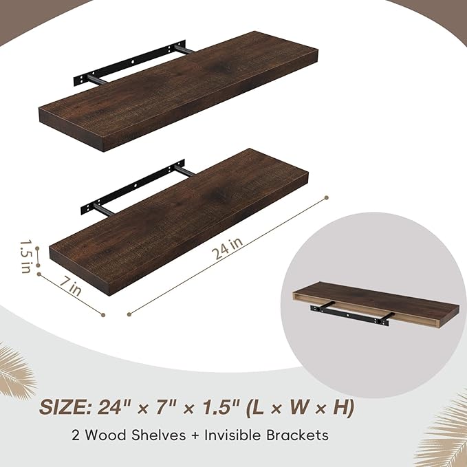 Lufia Floating Wall Shelves, Set of 2, MDF with Invisible Brackets, Modern Storage for Bedroom, Bathroom, Living Room, Kitchen (Rustic Brown, 24" W x 7" D x 1.5" H)