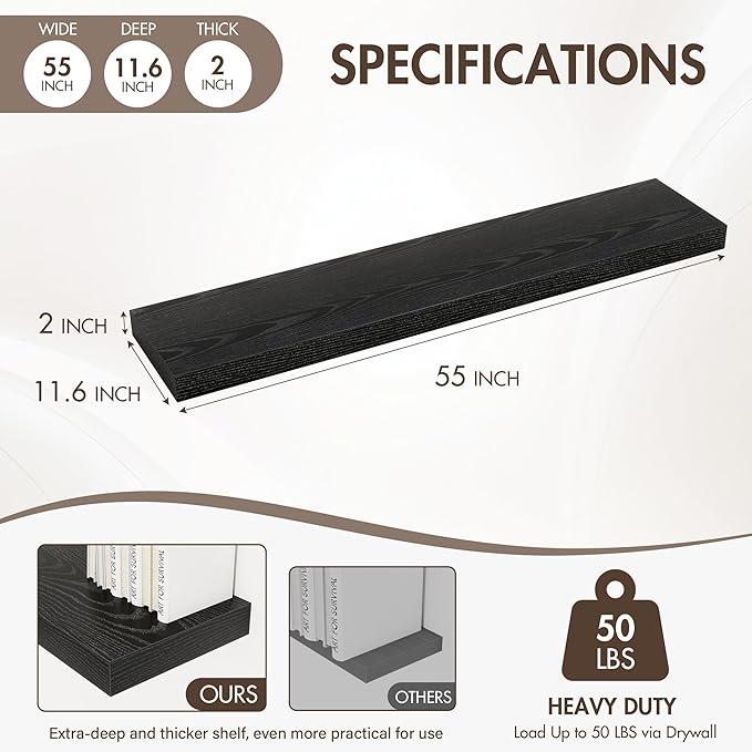 Acovy 55 Inch Floating Shelves, 12" Deep Floating Shelf Wall Mounted, 55" Wall Shelves, Rustic Deep Bookshelf, Extra Deeper & Thicker Display Shelves for Bedroom, Living Room, Black, Set of 2