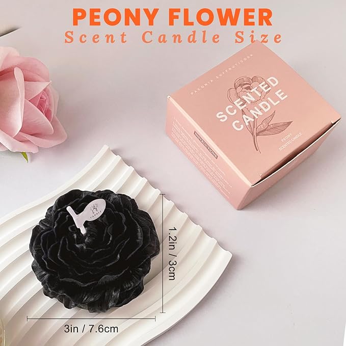 Black Peony Flower Shape Candles for Women Men Friends Colleague Classmates Gift, 3 Inch Pastel Aesthetic Scented Candle with Agarwood Fragrance