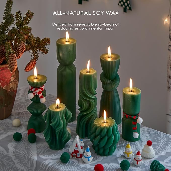 7-Pack Pillar Candles - Soy Wax Handmade Ribbed Candles for Home Decor, Housewarming Gift, Shelf & Table Decor - Aesthetic Modern Candles Set (Green)