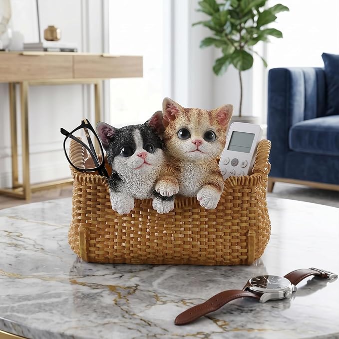Cute Cat Statue Valet Tray - Decorative Kitten Catchall Basket Organizer - Entryway Key Holder Bowl & Aesthetic Animal Room Accents