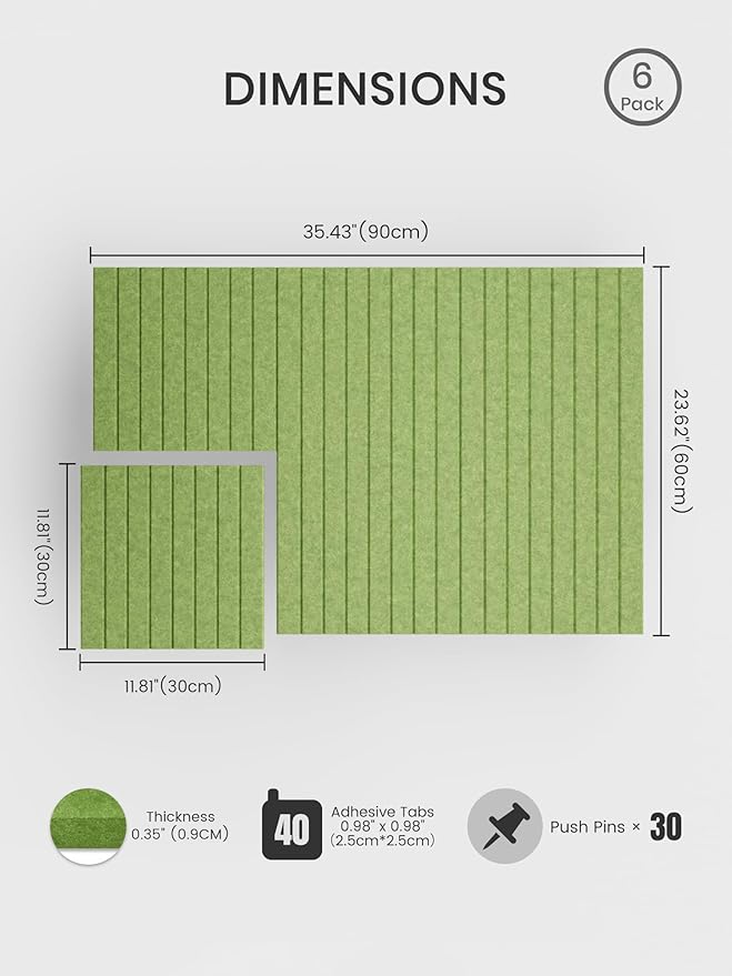 Bumusty Large Cork Board Alternative-36 x 24" Felt Bulletin Board Tiles, with 30 Pushpins, 40 Adhesive Tabs, Fine-Stripe 6-Pack, Cork Boards for Office Push Pin Board Felt Board-Kelly Green