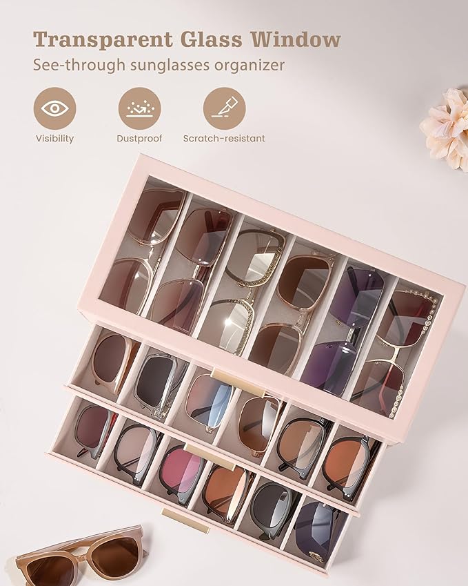 Lolalet Sunglasses Storage Box for Women, Eyewear Eye Glass Organizer with Clear Top Display Holder Case, Mothers Day Gifts