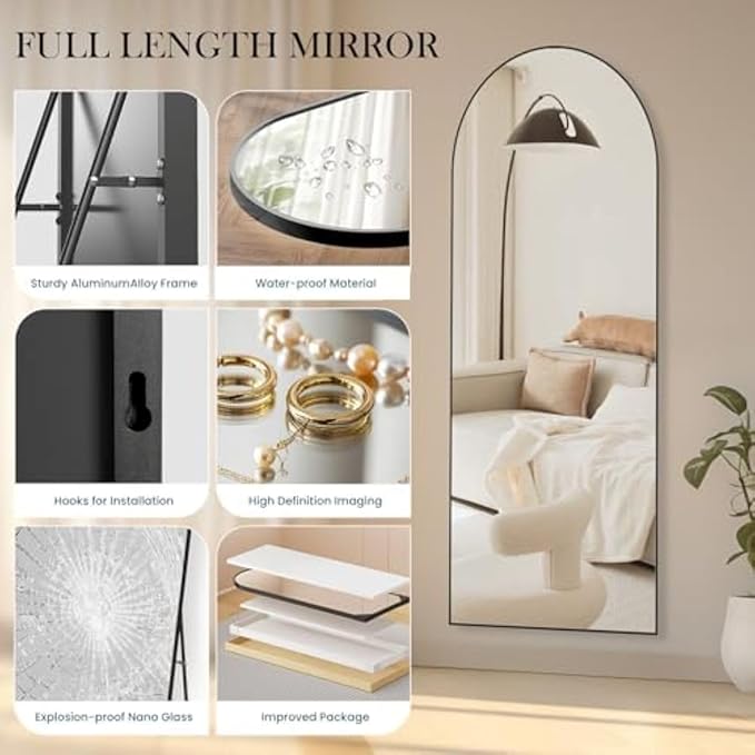 NEWBULIG Full Length Mirror, Full Body Floor Mirror with Aluminum Alloy Thin Frame, Wall or Standing Mirror for Bedroom, Living Room, Dressing Room