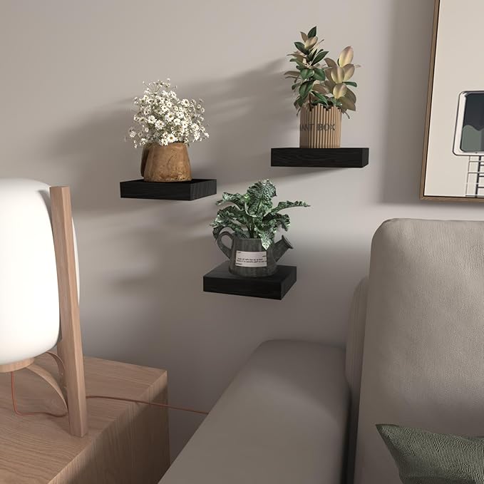 PopiShelves Small Floating Shelves for Wall - 6 Inch Mini Square Black Shelves for Bedroom, Living Room, Bathroom, Kitchen, Office Decor Set of 3