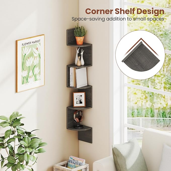 Giantex Corner Shelf Wall Mounted Set of 2, 5-Tier Floating Corner Bookshelf, Home Storage Organizer, Wooden Display Stand Rack for Wall, Plant Shelf for Living Room, Bedroom, Kitchen, Oak