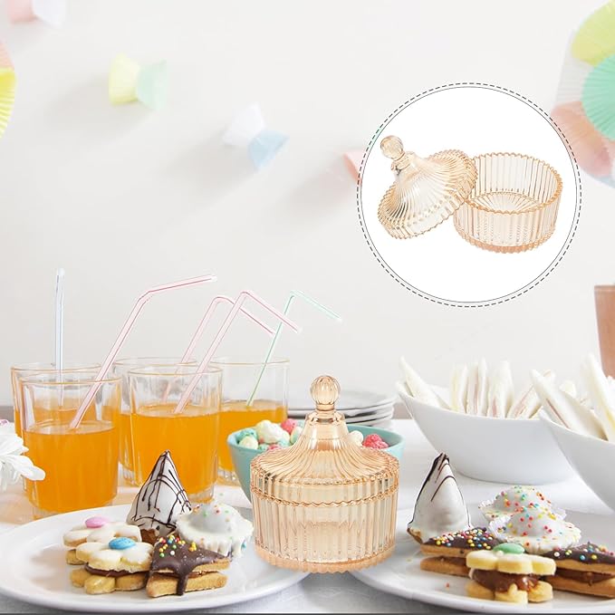 Cabilock Amber Glass Candy Jar with Lid, Decorative Kitchen Snack Storage Container, Jewelry and Makeup Organizer for Bathroom and Vanity